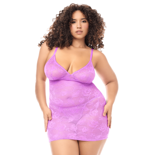 Babydoll grande taille dentelle violette et string 
